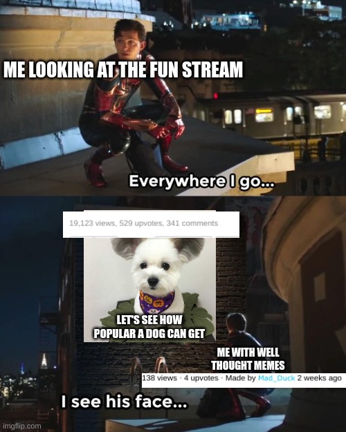 IT'S TIME TO STOP, STOP | ME LOOKING AT THE FUN STREAM; LET'S SEE HOW POPULAR A DOG CAN GET; ME WITH WELL THOUGHT MEMES | image tagged in everywhere i go i see his face,upvote beggars,imgflip points,its time to stop,why must you hurt me in this way | made w/ Imgflip meme maker
