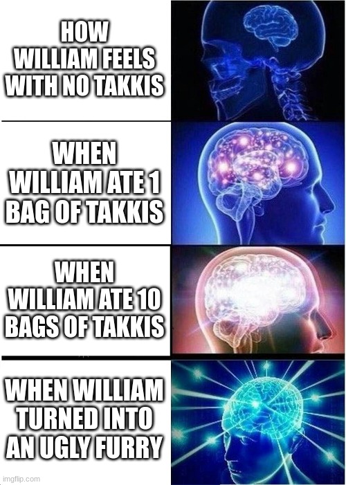 Expanding Brain | HOW WILLIAM FEELS WITH NO TAKKIS; WHEN WILLIAM ATE 1 BAG OF TAKKIS; WHEN WILLIAM ATE 10 BAGS OF TAKKIS; WHEN WILLIAM TURNED INTO AN UGLY FURRY | image tagged in memes,expanding brain | made w/ Imgflip meme maker
