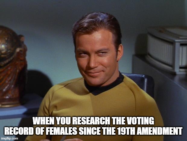 Kirk Smirk | WHEN YOU RESEARCH THE VOTING RECORD OF FEMALES SINCE THE 19TH AMENDMENT | image tagged in kirk smirk | made w/ Imgflip meme maker