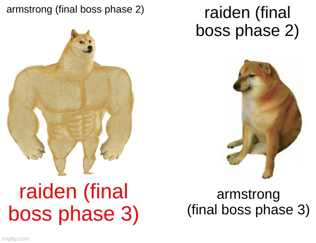 mgr be like: | armstrong (final boss phase 2); raiden (final boss phase 2); raiden (final boss phase 3); armstrong (final boss phase 3) | image tagged in memes,buff doge vs cheems | made w/ Imgflip meme maker
