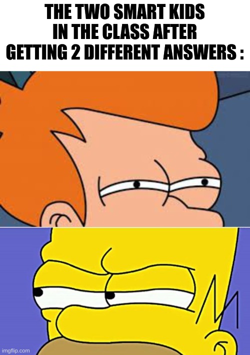 this means war | THE TWO SMART KIDS IN THE CLASS AFTER GETTING 2 DIFFERENT ANSWERS : | image tagged in suspicious fry and homer staredown,memes | made w/ Imgflip meme maker
