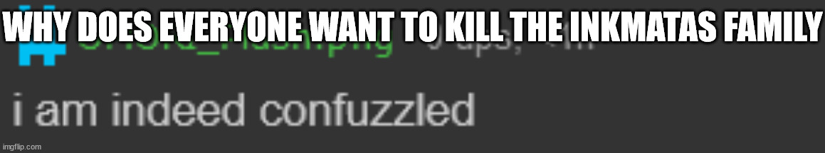 i am indeed confuzzled | WHY DOES EVERYONE WANT TO KILL THE INKMATAS FAMILY | image tagged in i am indeed confuzzled | made w/ Imgflip meme maker