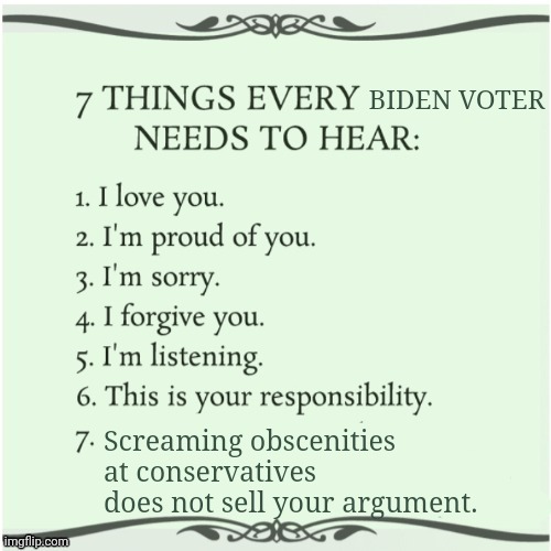 Liberals: toxicity en masse | BIDEN VOTER; Screaming obscenities at conservatives does not sell your argument. | image tagged in 7 things every x needs to hear,toxic,liberals,stupid people | made w/ Imgflip meme maker