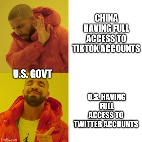 The irony | CHINA HAVING FULL ACCESS TO TIKTOK ACCOUNTS; U.S. GOVT; U.S. HAVING FULL ACCESS TO 
TWITTER ACCOUNTS | image tagged in drake blank | made w/ Imgflip meme maker