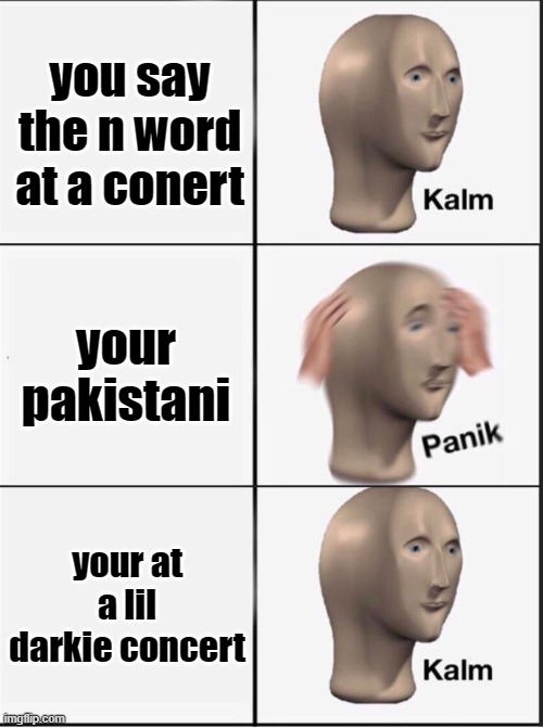 Reverse kalm panik | you say the n word at a conert; your pakistani; your at a lil darkie concert | image tagged in reverse kalm panik | made w/ Imgflip meme maker