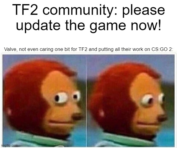 Monkey Puppet Meme | TF2 community: please update the game now! Valve, not even caring one bit for TF2 and putting all their work on CS:GO 2: | image tagged in memes,monkey puppet | made w/ Imgflip meme maker