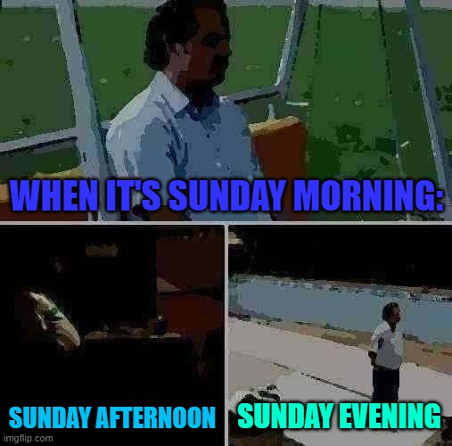 Sad, sad, and more sadness | WHEN IT'S SUNDAY MORNING:; SUNDAY AFTERNOON; SUNDAY EVENING | image tagged in memes,sad pablo escobar,day before monday,the moment you re-evaluate your life | made w/ Imgflip meme maker