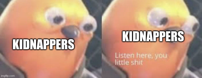 Listen here you little shit bird | KIDNAPPERS KIDNAPPERS | image tagged in listen here you little shit bird | made w/ Imgflip meme maker