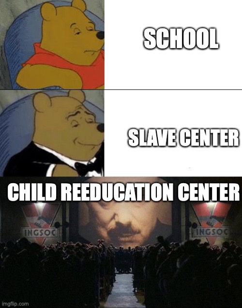 CHILD REEDUCATION CENTER SLAVE CENTER SCHOOL | image tagged in memes,tuxedo winnie the pooh,big brother 1984 | made w/ Imgflip meme maker