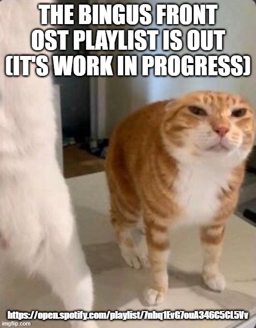 Schizophrenic Cat.pdf | THE BINGUS FRONT OST PLAYLIST IS OUT (IT'S WORK IN PROGRESS); https://open.spotify.com/playlist/7nbq1EvG7ouA346C5CL5Vv | image tagged in schizophrenic cat pdf | made w/ Imgflip meme maker