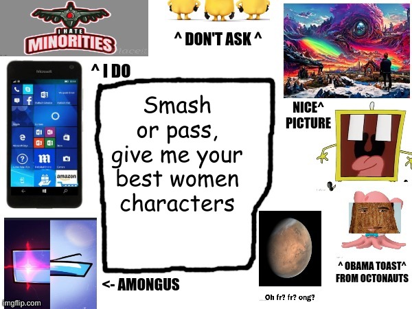 For trend | Smash or pass, give me your best women characters | image tagged in phil's cool announcement template | made w/ Imgflip meme maker