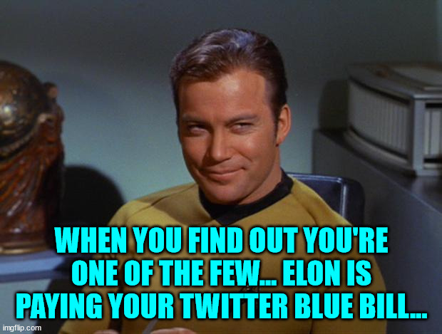 Kirk Smirk | WHEN YOU FIND OUT YOU'RE ONE OF THE FEW... ELON IS PAYING YOUR TWITTER BLUE BILL... | image tagged in kirk smirk | made w/ Imgflip meme maker