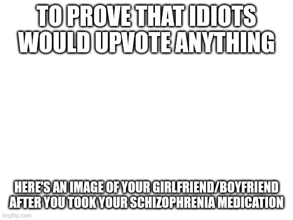 Blank White Template | TO PROVE THAT IDIOTS WOULD UPVOTE ANYTHING; HERE'S AN IMAGE OF YOUR GIRLFRIEND/BOYFRIEND AFTER YOU TOOK YOUR SCHIZOPHRENIA MEDICATION | image tagged in memes | made w/ Imgflip meme maker