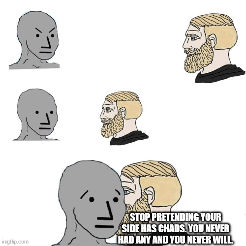NPC | STOP PRETENDING YOUR SIDE HAS CHADS. YOU NEVER HAD ANY AND YOU NEVER WILL. | image tagged in npc | made w/ Imgflip meme maker