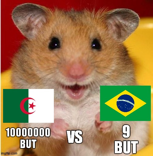 cup wolrd 2046 hamster ok smilealgeria vs brazil (part 1) | 9
BUT; VS; 10000000
BUT | image tagged in hamster | made w/ Imgflip meme maker