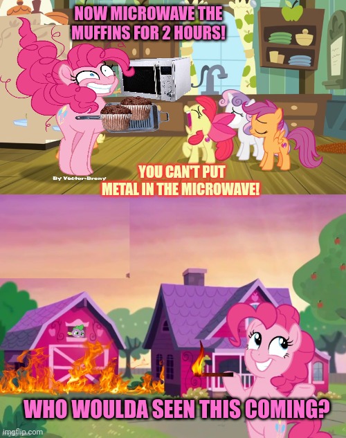Pinkie pie problems | NOW MICROWAVE THE MUFFINS FOR 2 HOURS! YOU CAN'T PUT METAL IN THE MICROWAVE! WHO WOULDA SEEN THIS COMING? | image tagged in disaster pony,pinkie pie,problems,mlp,muffins | made w/ Imgflip meme maker