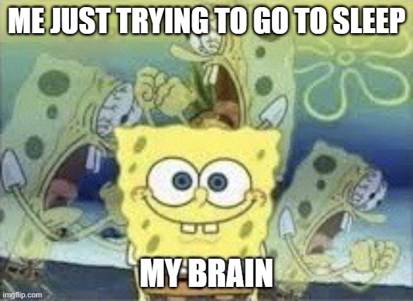 SpongeBob Internal Screaming | ME JUST TRYING TO GO TO SLEEP; MY BRAIN | image tagged in spongebob internal screaming | made w/ Imgflip meme maker