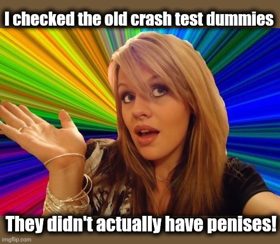 Dumb Blonde Meme | I checked the old crash test dummies They didn't actually have penises! | image tagged in memes,dumb blonde | made w/ Imgflip meme maker