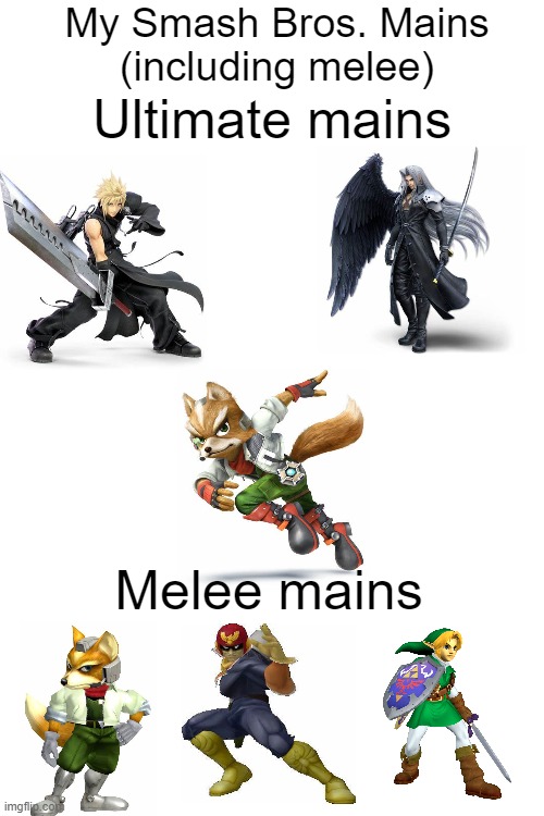 My Smash Bros. Mains
(including melee); Ultimate mains; Melee mains | made w/ Imgflip meme maker