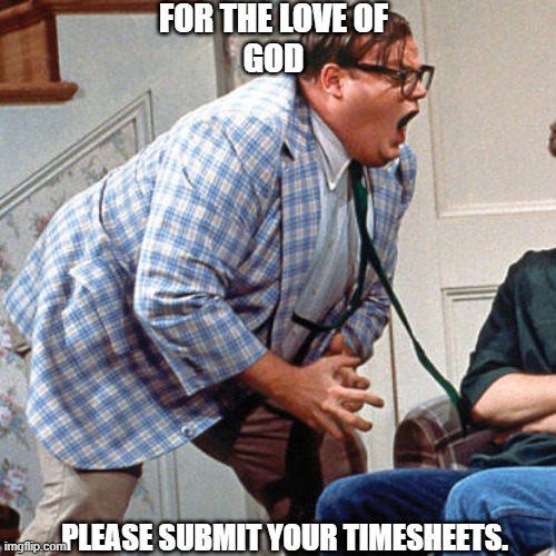 Chris Farley For the love of god | FOR THE LOVE OF
GOD; PLEASE SUBMIT YOUR TIMESHEETS. | image tagged in chris farley for the love of god | made w/ Imgflip meme maker
