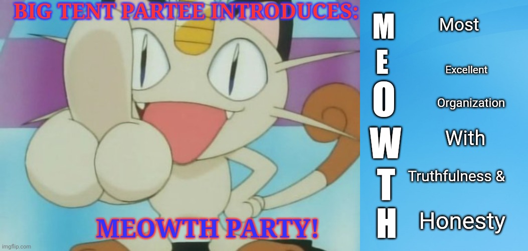 Unexplained fires are a matter for the courts | Most; BIG TENT PARTEE INTRODUCES:; M; Excellent; E; O; Organization; With; W; Truthfulness &; T; MEOWTH PARTY! H; Honesty | image tagged in meowth dickhand,blue background 42,meowth,is your new,god | made w/ Imgflip meme maker