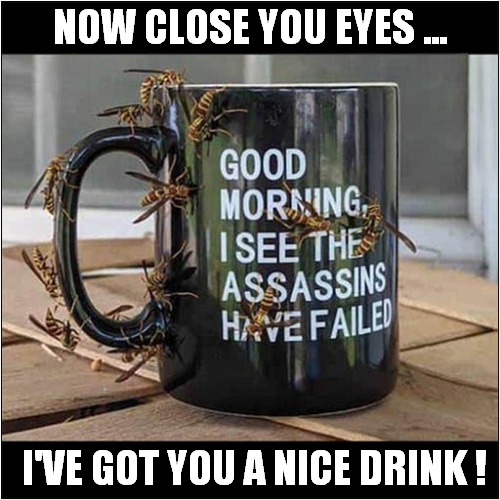 It's The Thought That Counts ! | NOW CLOSE YOU EYES ... I'VE GOT YOU A NICE DRINK ! | image tagged in cuppa,wasp,dark humour | made w/ Imgflip meme maker