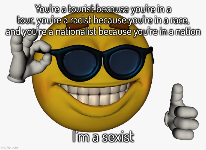 The | You’re a tourist because you’re in a tour, you’re a racist because you’re in a race, and you’re a nationalist because you’re in a nation; I’m a sexist | image tagged in cool guy emoji | made w/ Imgflip meme maker