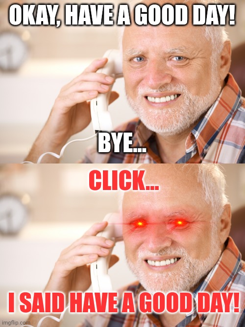 Jerks... | OKAY, HAVE A GOOD DAY! BYE... CLICK... I SAID HAVE A GOOD DAY! | image tagged in hide the pain harold phone,funny memes,phone,stupid people,funny,butthurt | made w/ Imgflip meme maker