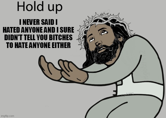 jesus | I NEVER SAID I HATED ANYONE AND I SURE DIDN'T TELL YOU BITCHES TO HATE ANYONE EITHER | image tagged in jesus,hold up,fake christians,racists,bigots,clown car republicans | made w/ Imgflip meme maker