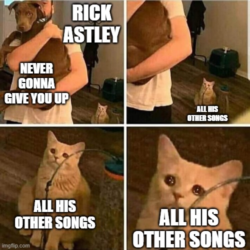 Name one Rick Astley song that is not never gonna give you up. | RICK ASTLEY; NEVER GONNA GIVE YOU UP; ALL HIS OTHER SONGS; ALL HIS OTHER SONGS; ALL HIS OTHER SONGS | image tagged in sad cat holding dog,rickroll,rick astley,music,meme,funny | made w/ Imgflip meme maker