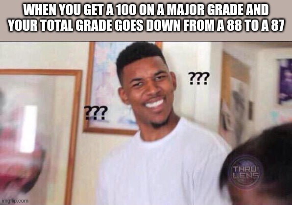 does not make sense! | WHEN YOU GET A 100 ON A MAJOR GRADE AND YOUR TOTAL GRADE GOES DOWN FROM A 88 TO A 87 | image tagged in black guy confused | made w/ Imgflip meme maker