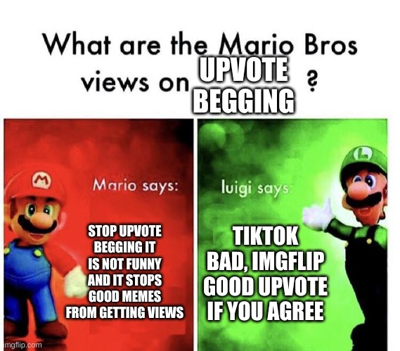 Mario Bros Views | UPVOTE BEGGING; STOP UPVOTE BEGGING IT IS NOT FUNNY AND IT STOPS GOOD MEMES FROM GETTING VIEWS; TIKTOK BAD, IMGFLIP GOOD UPVOTE IF YOU AGREE | image tagged in mario bros views | made w/ Imgflip meme maker