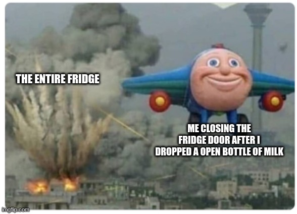 Disaster Plane | THE ENTIRE FRIDGE; ME CLOSING THE FRIDGE DOOR AFTER I DROPPED A OPEN BOTTLE OF MILK | image tagged in disaster plane | made w/ Imgflip meme maker