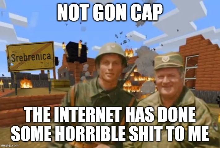 Srebrenica | NOT GON CAP; THE INTERNET HAS DONE SOME HORRIBLE SHIT TO ME | image tagged in srebrenica | made w/ Imgflip meme maker