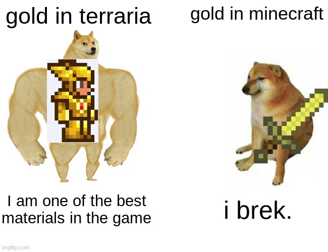 Gold. | gold in terraria; gold in minecraft; I am one of the best materials in the game; i brek. | image tagged in memes,buff doge vs cheems | made w/ Imgflip meme maker