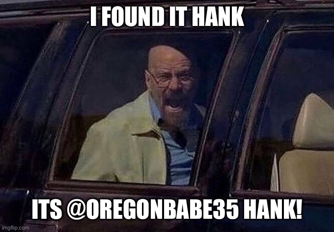Walter White screaming at Hank | I FOUND IT HANK; ITS @OREGONBABE35 HANK! | image tagged in walter white screaming at hank | made w/ Imgflip meme maker