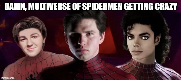 Truly Mad Multiverse | DAMN, MULTIVERSE OF SPIDERMEN GETTING CRAZY | image tagged in spiderman | made w/ Imgflip meme maker