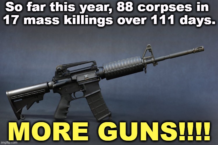 Each death affects 120-150 people. That's a lot of personal misery spread around while the gun lobby celebrates. | So far this year, 88 corpses in 
17 mass killings over 111 days. MORE GUNS!!!! | image tagged in ar-15,mass shooting,guns,rifle,second amendment,stupidity | made w/ Imgflip meme maker