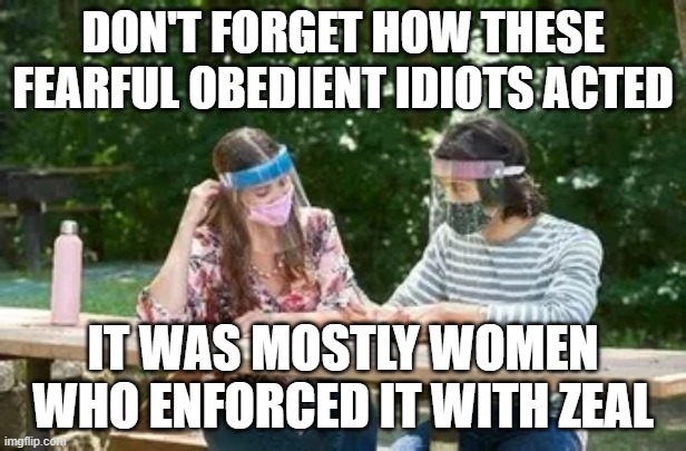 DON'T FORGET HOW THESE FEARFUL OBEDIENT IDIOTS ACTED; IT WAS MOSTLY WOMEN WHO ENFORCED IT WITH ZEAL | image tagged in memes | made w/ Imgflip meme maker