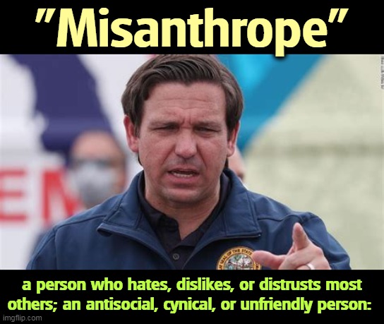 He hates people. He hates you. He hates everybody. | "Misanthrope"; a person who hates, dislikes, or distrusts most others; an antisocial, cynical, or unfriendly person: | image tagged in ron desantis,hate,people | made w/ Imgflip meme maker