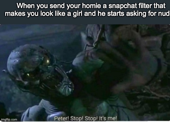 Peter! Stop! Stop! It's me! | When you send your homie a snapchat filter that makes you look like a girl and he starts asking for nudes | image tagged in peter stop stop it's me | made w/ Imgflip meme maker