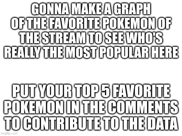 it's for science | GONNA MAKE A GRAPH OF THE FAVORITE POKEMON OF THE STREAM TO SEE WHO'S REALLY THE MOST POPULAR HERE; PUT YOUR TOP 5 FAVORITE POKEMON IN THE COMMENTS TO CONTRIBUTE TO THE DATA | made w/ Imgflip meme maker