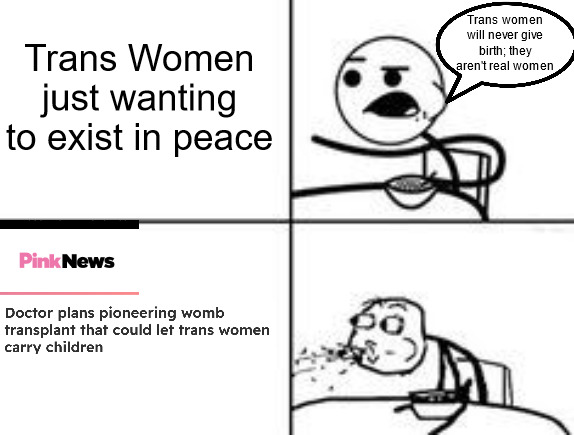 Cis women can't all have children; that does not make their gender less real, FYI | Trans Women just wanting to exist in peace; Trans women will never give birth; they aren't real women | image tagged in cereal spit,transgender,transphobic,lgbtq,birth,pregnant | made w/ Imgflip meme maker