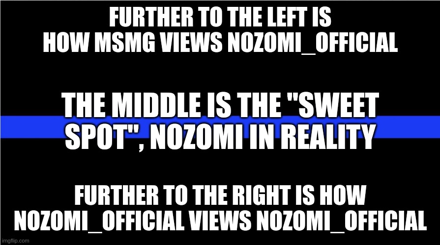 Thin blue line | FURTHER TO THE LEFT IS HOW MSMG VIEWS NOZOMI_OFFICIAL FURTHER TO THE RIGHT IS HOW NOZOMI_OFFICIAL VIEWS NOZOMI_OFFICIAL THE MIDDLE IS THE "S | image tagged in thin blue line | made w/ Imgflip meme maker