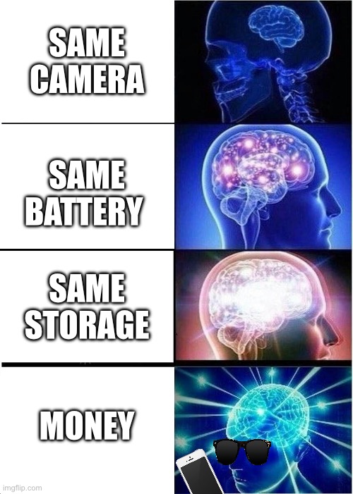 Expanding Brain Meme | SAME CAMERA; SAME BATTERY; SAME STORAGE; MONEY | image tagged in memes,expanding brain | made w/ Imgflip meme maker