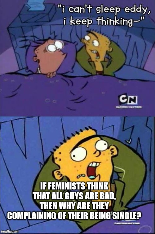 I can't sleep Eddy | IF FEMINISTS THINK THAT ALL GUYS ARE BAD, THEN WHY ARE THEY COMPLAINING OF THEIR BEING SINGLE? | image tagged in i can't sleep eddy,politics,memes | made w/ Imgflip meme maker
