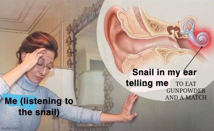 Snail in my ear | TO EAT GUNPOWDER AND A MATCH | image tagged in snail in my ear | made w/ Imgflip meme maker