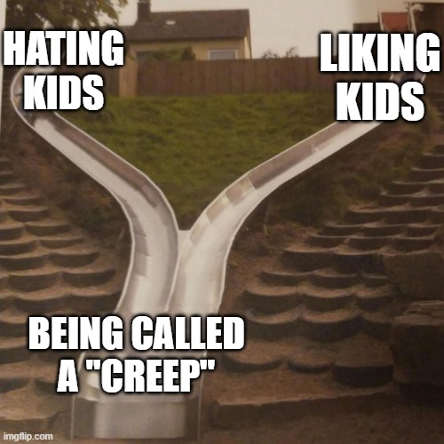 two slides merging | LIKING KIDS; HATING KIDS; BEING CALLED A "CREEP" | image tagged in two slides merging | made w/ Imgflip meme maker