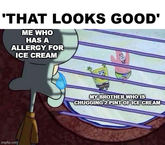 relatable?? | 'THAT LOOKS GOOD'; ME WHO HAS A ALLERGY FOR ICE CREAM; MY BROTHER WHO IS CHUGGING 2 PINT OF ICE CREAM | image tagged in squidward window | made w/ Imgflip meme maker