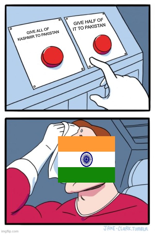 INDIA AND THE TWO BUTTONS | GIVE HALF OF IT TO PAKISTAN; GIVE ALL OF KASHMIR TO PAKISTAN | image tagged in memes,two buttons | made w/ Imgflip meme maker
